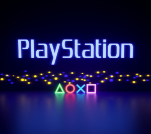 PlayStation image in neon blue with button logos below.