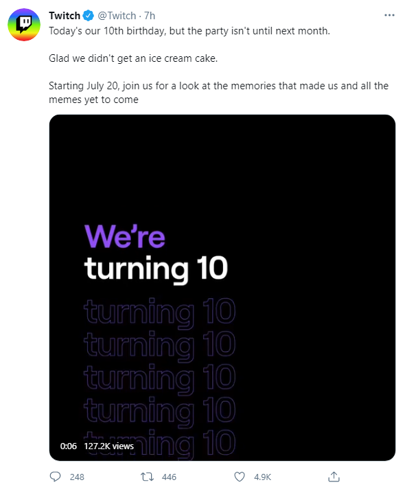 Twitch 10th birthday tweet